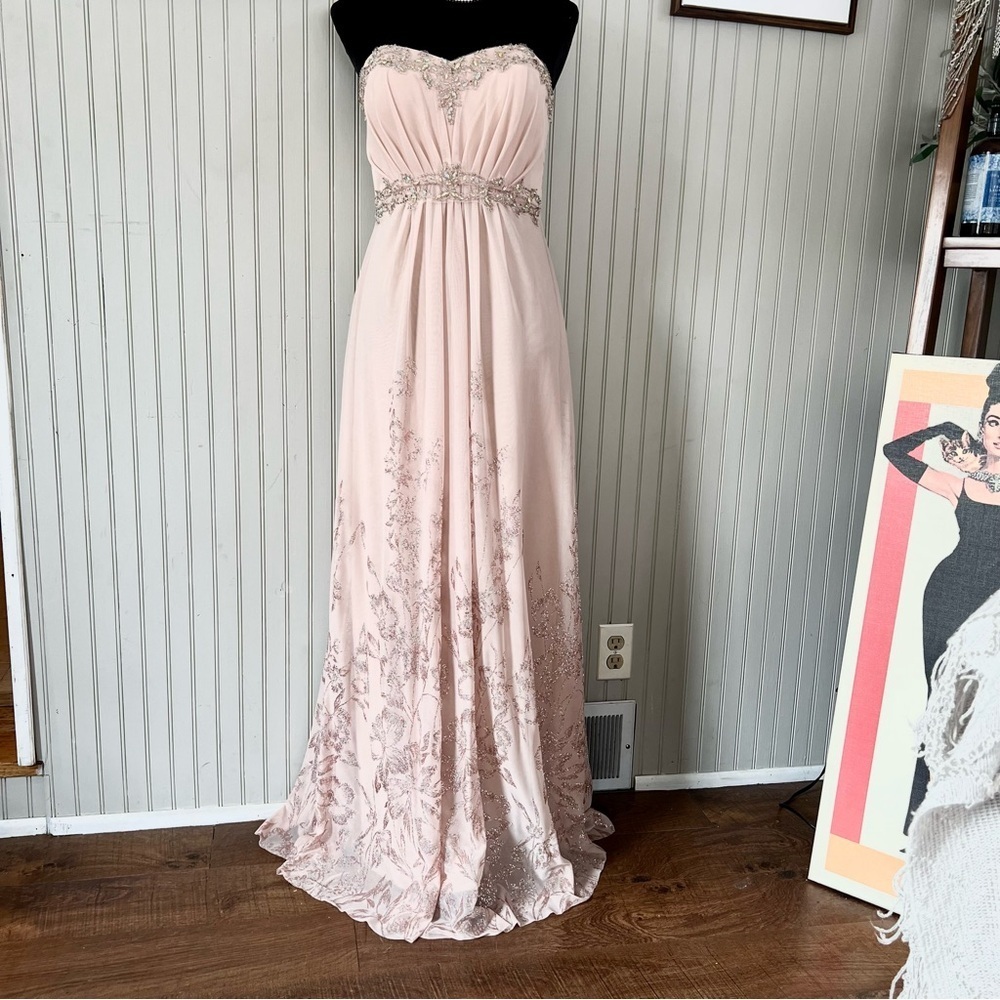 Cachet Strapless Glitter Mesh Beaded Bodice Blush Maxi Gown